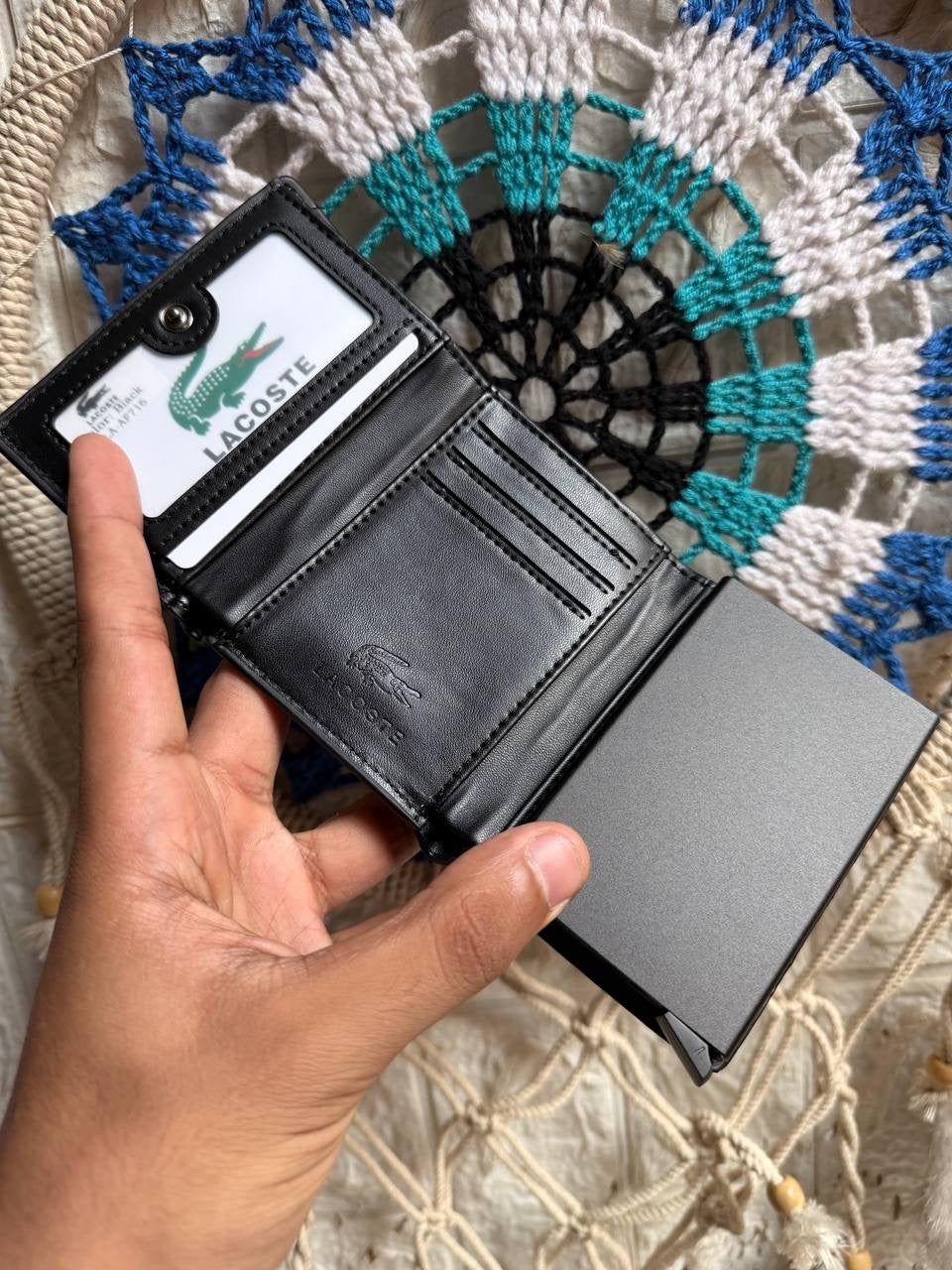 Black Lacoste MEN'S SLIM WALLET & CARD HOLDER