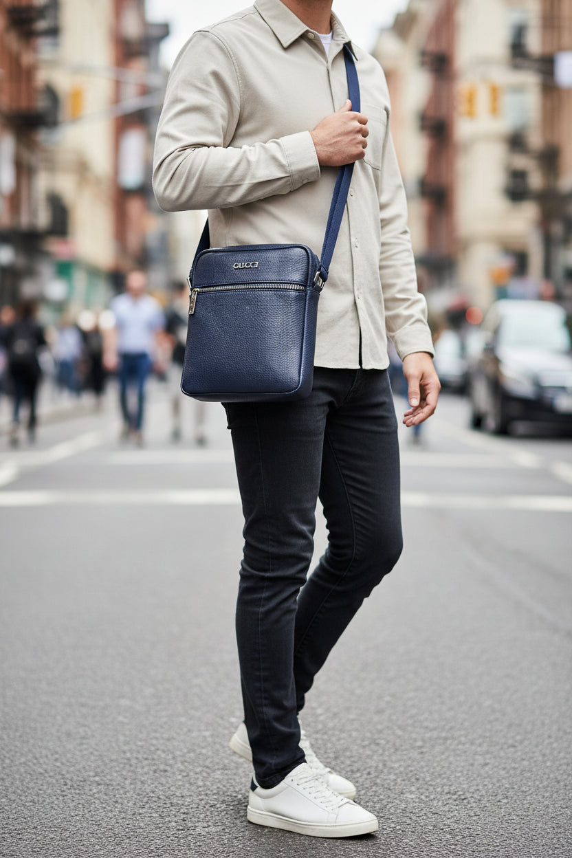 Blue Gucci handbag with a visible tag on a white background